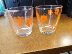 Vintage 50er Jahre Hasel Atlas Sauerrahm Gläser - orange Blumen/Blätter - Bild 1 von 1