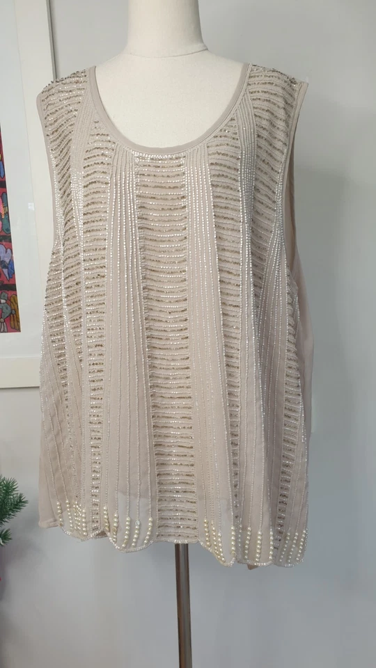Grace Hill Size 22 Beige Sleeveless Lined Top Blouse, Beaded, Pearls & Beads - image 1 of 4