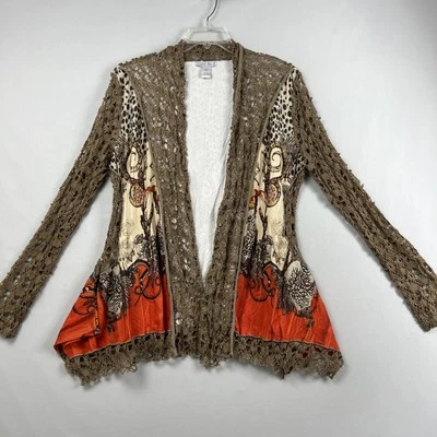 Tempo Paris Open Cardigan Crochet Abstract Size L Topper Boho Art to Wear - Image 1 of 4