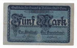 GERMANY GERA 5 MARK 1919 NOTGELD EMERGENCY MONEY LOOK SCANS - Picture 1 of 2