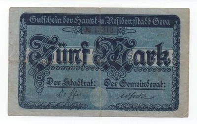 GERMANY GERA 5 MARK 1919 NOTGELD EMERGENCY MONEY LOOK SCANS - Image 1 of 2