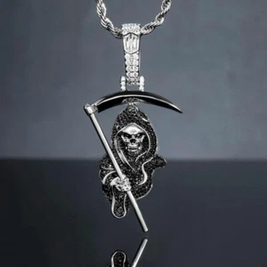3 Carat Black AAA Round Diamond Halloween God Of Death Pendant 14K White Gold F - Picture 1 of 4