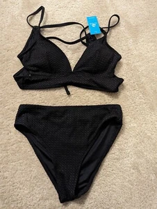 Midnight Textured V-Neck Top & Low-Rise Hipster Bikini Set - Picture 1 of 3
