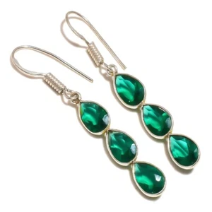Natural Emerald Quartz Pear Gemstone Handmade Triple Stone Drop Dangle Earrings - Picture 1 of 3