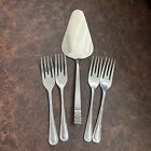 4 Chrome Plated Ribbon & Bow Style Pastry Cake Forks with Stainless Cake Server