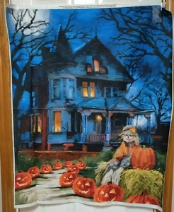 Spooky House w/ Pumpkins Halloween Digitally Print Panel by David Textiles btp - Picture 1 of 1