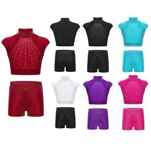 Kids Girls Outfit Set 2 Piece Jazz Crop Top Dancewear Shorts Active Gymnastics - Picture 1 of 85