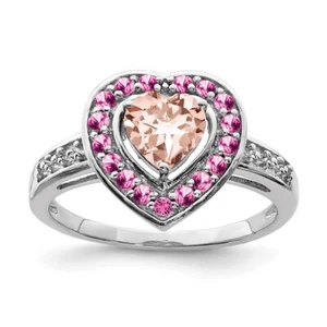 Sterling Silver Rhodium Morganite Pink Sapphire Heart Ring Size 7 - Picture 1 of 4