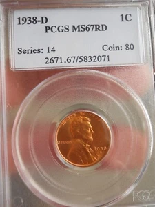 1938 D Lincoln Cent PCGS MS67 RED - Picture 1 of 3
