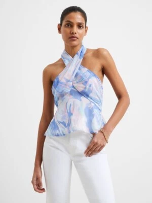NEW French Connection Dalla Verona Crossneck Halter Blouse Top Women Blue Size 2 - Image 1 of 4