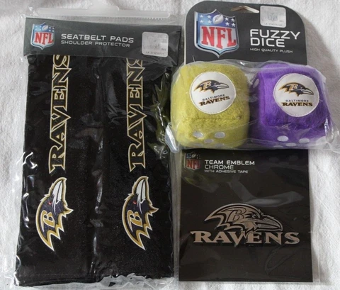 NFL Baltimore Ravens Auto Gift Set -Seat Belt Pads-Chrome Decal-Fuzzy Dice- NEW Cover