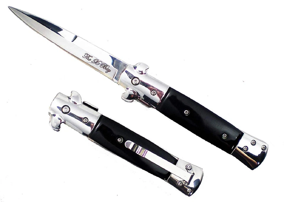 黑色镀铬刀片教父辅助接吻起重机细高跟鞋式口袋刀 — 第 1/1 张图片