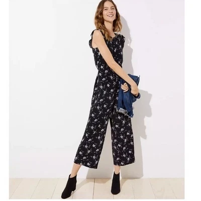 Mono Ann Taylor LOFT Floral Volantes Cintura Elástica Sin Mangas Ancho Negro XL Foto 1 de 4