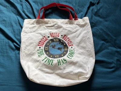 Reloj Bolso de Mano Vintage Reducir Reutilización Reciclar The Time Has Come Blanco Rojo Años 90 EE. UU. Foto 1 de 4