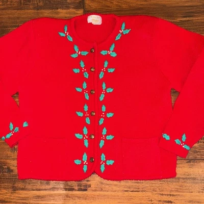 Cardigã suéter feminino vintage Tally Ho azevinho vermelho Natal tamanho P botão frontal - Imagem 1 de 4