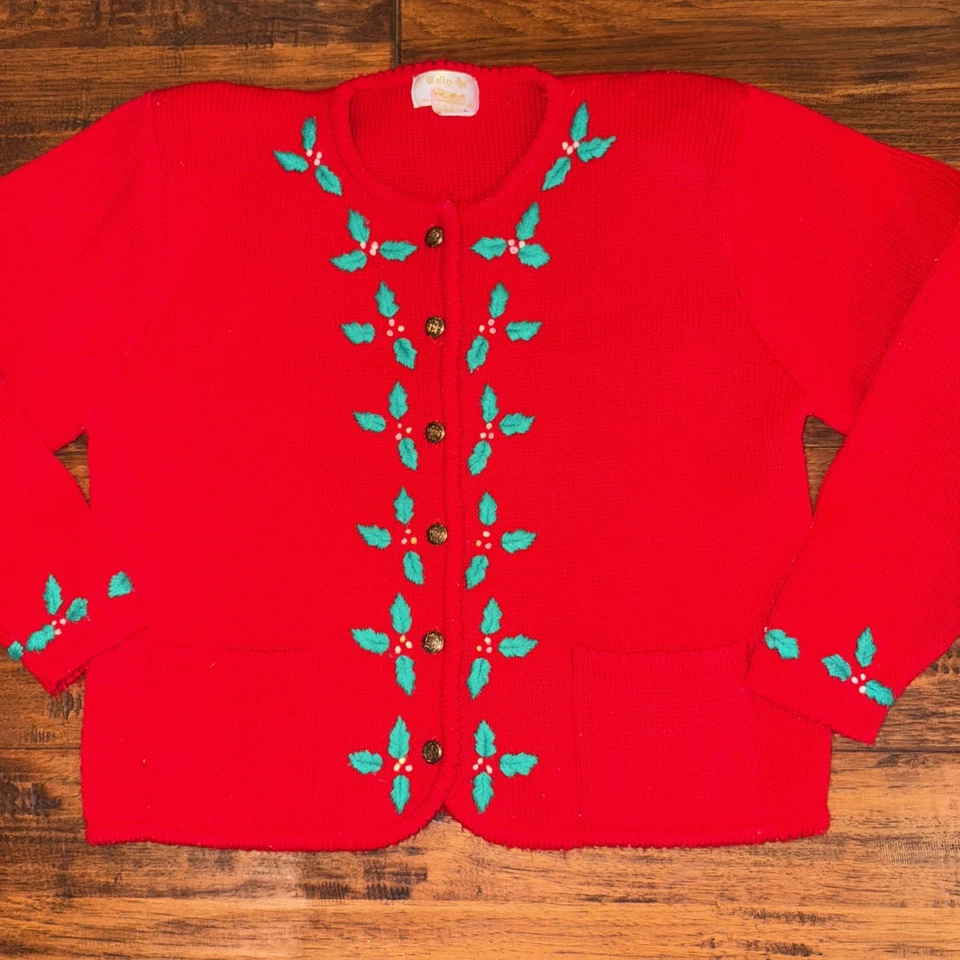 Cárdigan Suéter De Colección Tally Ho Rojo Acebo Navidad Para Mujer Talla S Botón Delantero Foto 1 de 4