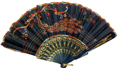 Vintage Black Fabric Hand Fan Black Plastic Arms w/Gold Trim & Embroider Peacock - Image 1 of 4