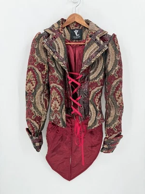 Von Lancelot Womens Red Brocade Croc Lace Up Jacket Size XXS OOAK Vamp Costume - Image 1 of 4