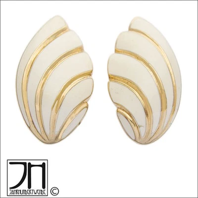 Vintage Pierre Lang Muschel Ohrringe mit Ohrclip Weiß Emaille vergoldet signiert - Bild 1 von 4