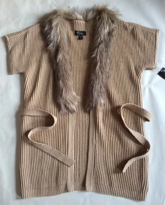 Cardigã dourado novo com etiquetas Thalia Sodi jaqueta de pele marrom sintética tamanho XS casaco suéter - Imagem 1 de 4