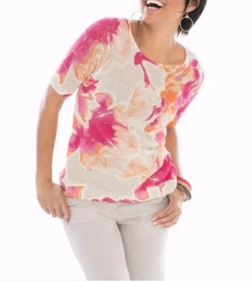 Suéter Pullover Floral Chico’s Lino y Algodón Pequeño Rosa Naranja Albaricoque "Agnes" Foto 1 de 4