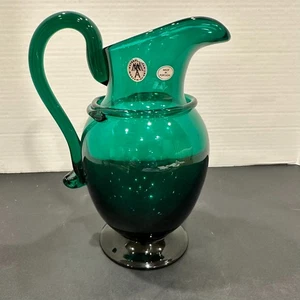 MMA Hand Blown Emerald Green Glass Pitcher 9" Portugal Vtg Art Glass w/stickers - Picture 1 of 9