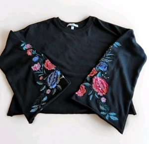 Planet Gold Womens Small Black Embroidered Long Bell Sleeve T Shirt Top - Picture 1 of 6