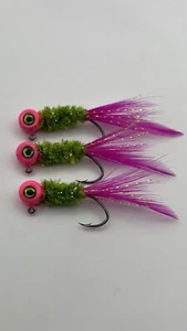 Crappie maschere legate a mano mela verde e coda di piuma rosa caldo 1/16 oncia nuove - Foto 1 di 2