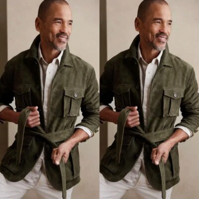 Suede Men's Safari Jacket Green with Belt Casual Sports British Hunting Jacket - Image 1 of 4