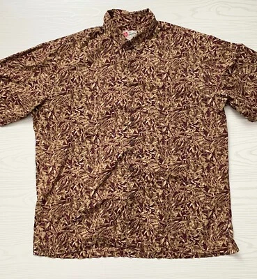 VTG Hilo Hattie Men's Hawaiian Shirt 2XL Cotton Red Tan Leaves Button Up - Imagem 1 de 4