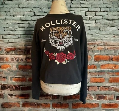 Sudadera Hollister Mujer’s S Lentejuelas Bordado Tigre Cuello Redondo Manga Larga Foto 1 de 4
