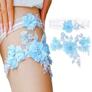 Wedding Leg Garter Belt Set Floral Lace Garters Blue Pearls Stretchy Leg Acce... - Picture 1 of 9