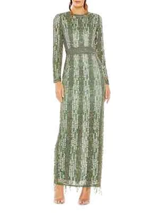 Mac Duggal Sage Green Sequin Beaded Fringe Long Sleeve Gown Size 10 $898 - Picture 1 of 3