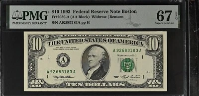 1993 $10 Federal Reserve Note Fr-2030-A Boston PMG67 Superb Gem EPQ - Image 1 of 2