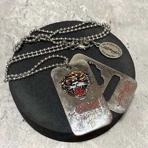 ED HARDY Tiger Dog Tag Necklace Silver Tone Ball Chain 64cm Layering Unisex - Picture 1 of 7