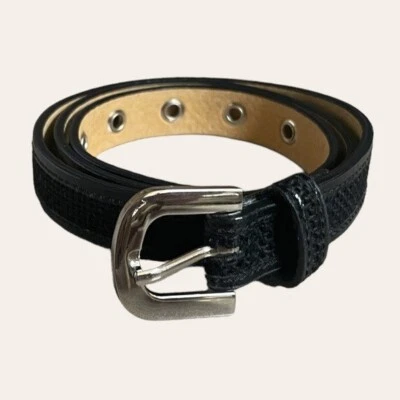 Cinturón Via Spiga Negro Tela y Cuero Delgado Ajustado Plateado Hebilla Talla S Foto 1 de 4