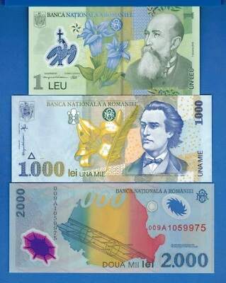 Juego de billetes sin circular Rumania 1 1000 2000 Leu Lei años 1998-2019 #1 Foto 1 de 2