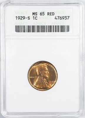1929-S ANACS MS65 Red Lincoln Wheat Penny Uncirculated in Old Soapbox Holder - Image 1 of 4