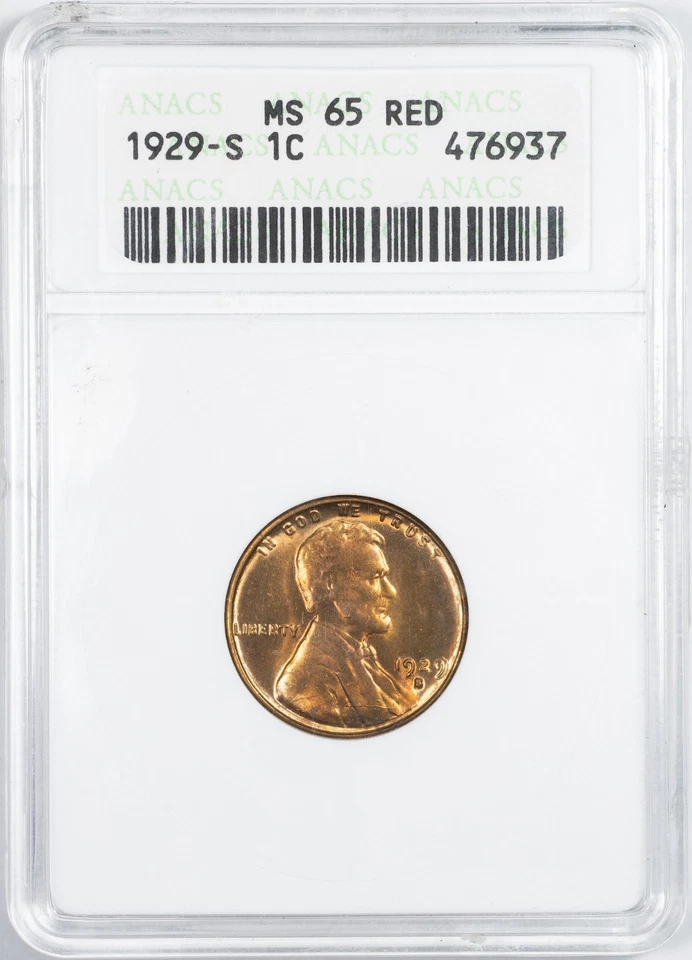 1929-S ANACS MS65 Red Lincoln Wheat Penny Uncirculated in Old Soapbox Holder - Image 1 of 4