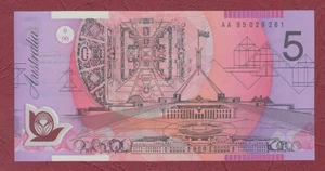 AUSTRALIA POLYMER BANKNOTE 1995 $5 FRASER/EVANS 1ST PREFIX AA95 UNC - Bild 1 von 2