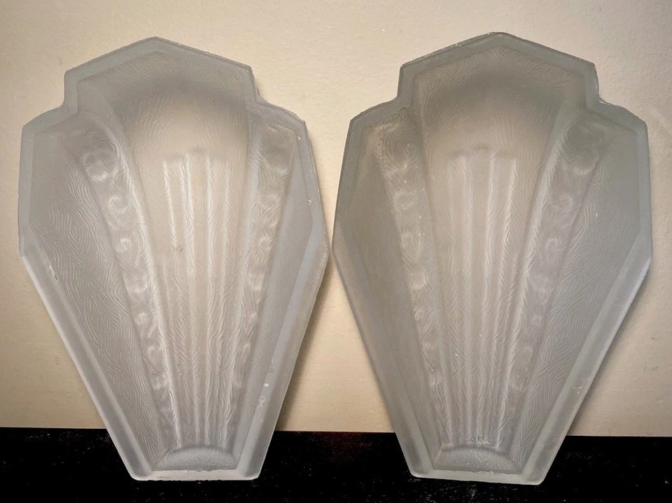 PAR DE CORTINAS ART DECO DE COLECCIÓN DE LA ERA DE LA DEPRESIÓN (2) DISEÑO ESMERILADO EN RELIEVE USADO EN EXCELENTE ESTADO Foto 1 de 4