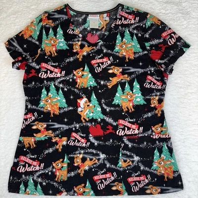 RUDOLPH THE RED NOSE REINDEER Christmas Holiday Scrub Top Size M Nurse V Neck - Image 1 of 4
