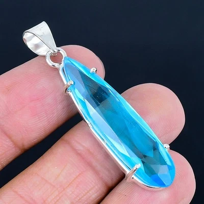 Swiss Blue Topaz 925 Silver Plated Handmade Pendant of 2.01" - Image 1 of 3