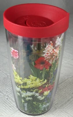 Vaso Tervis 16 oz con tapa roja resorte floral envoltura transparente taza de viaje de doble pared Foto 1 de 4