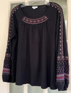 J. Jill Peasant Pullover Top Black with Embroidery Cotton/Rayon, Size Medium - Picture 1 of 7