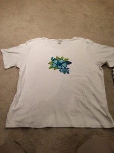 T-shirt Paradiso con perline nuova con etichetta maglietta blu fiori cotone 1X - Foto 1 di 3