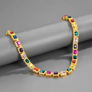 10mm Hip Hop Colorful Crystal Cuban Chain Necklace Bracelets Bling Chokers Gift - Picture 1 of 14