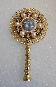 Vintage Beautiful Small Ornate W/ Pearls-Rhinestones-cabachon Hand Purse Mirror - Picture 1 of 8