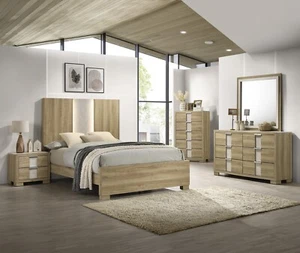 6Pc Contemporary Driftwood Finish King Integrated LED Light Panel Bed Set - Picture 1 of 10