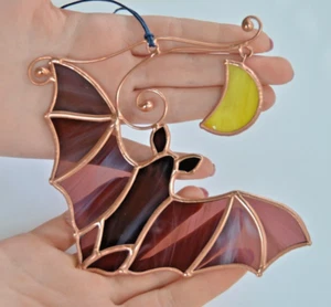 Stained glass bat with moon suncatcher, windows hangings decoration - Picture 1 of 8